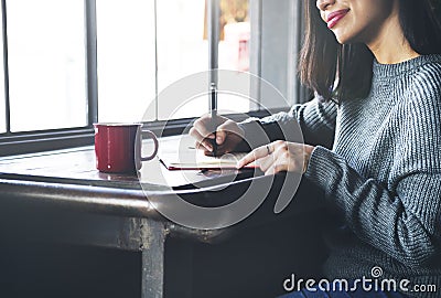 Asian Lady Writing Notebook Diary Concept Stock Photo