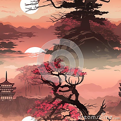 asian landscape with trees and pagoda at sunset Stock Photo