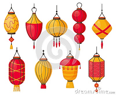 Asian lanterns. Chinese traditional red paper lamps, japanese or chinese street decoration. Oriental festival lanterns Vector Illustration