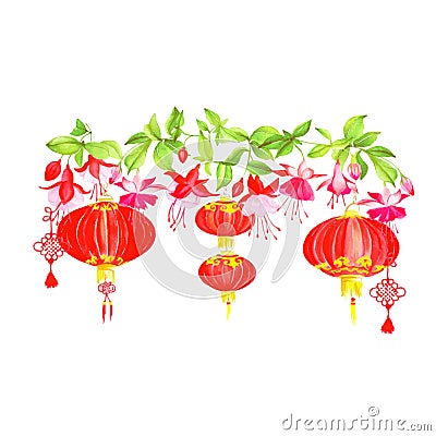 Asian lanterns and fuchsia vector design banner Vector Illustration