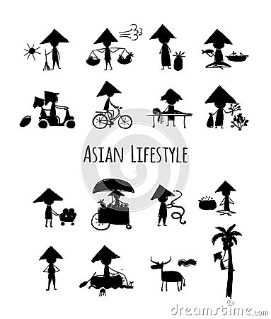 Asian lifestyle, people silhouettes for your design Vector Illustration