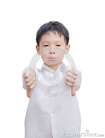 Asian little boy making thumbs down gesture with both hands Stock Photo