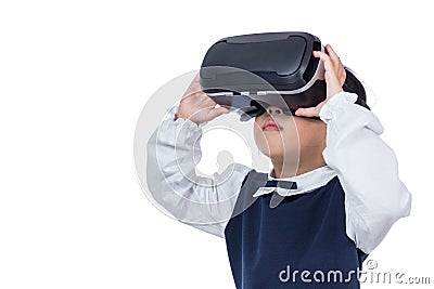 Asian little Chinese girl experiencing virtual reality via VR go Stock Photo