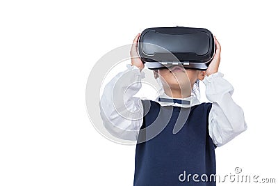 Asian little Chinese girl experiencing virtual reality via VR go Stock Photo