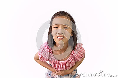 Asian little girl is painful stomach ache isolated on white background, child having food poisoning,Sickness and healthcare Stock Photo