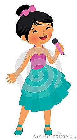 Asian little girl singing hold the microphone Vector Illustration