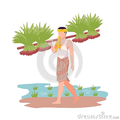 Asian Male Farmer Carrying Agricultural Crops Vector Illustration Vector Illustration