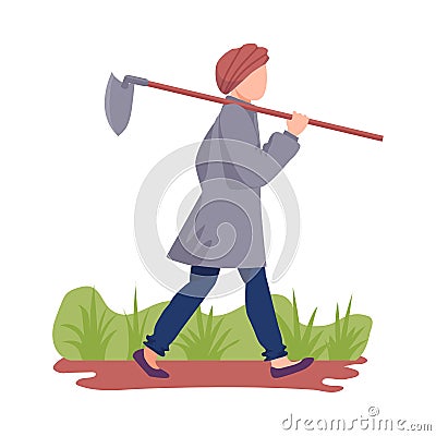 Asian Male Farmer Carrying Hoe or Picker for Cultivating Soil Vector Illustration Vector Illustration