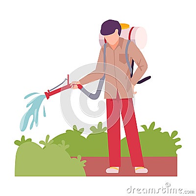 Asian Male Farmer Watering Green Plant Vector Illustration Vector Illustration