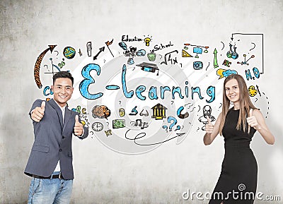 Asian man and blonde woman, e learning Stock Photo