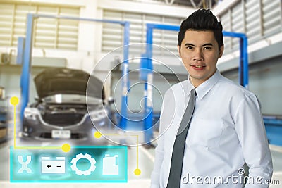 Asian man business or inspection on car open door front to engine blurry background. for note, transport automobive automotive Stock Photo