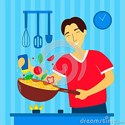 Asian man cooks food Cartoon Illustration