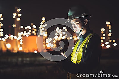 Asian man engineer using digital tablet working late night shift at petroleum oil refinery in industrial estate. Chemical engineer Stock Photo