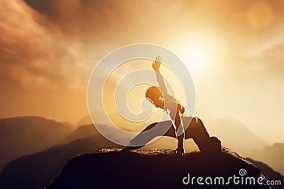 Asian man, fighter practices martial arts in mountains Stock Photo