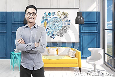 Asian man in glasses, office and blue target Stock Photo