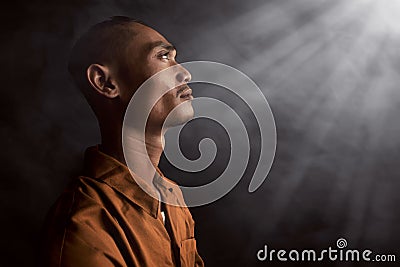 Asian man in prison Stock Photo