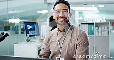 Asian man, smile and working in laboratory for innovation, pharmaceutical or research study. Male employee, happy and Stock Photo