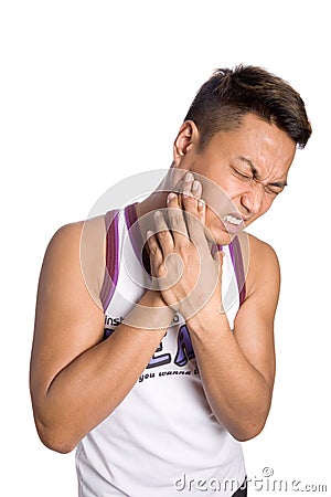 Asian man suffering from painful toothache, Stock Photo