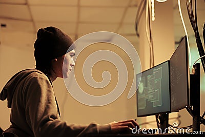 Asian man using computers to hack database information Stock Photo