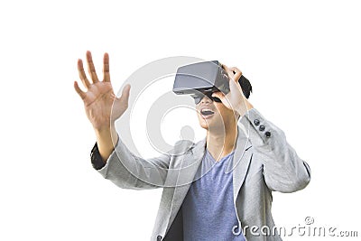 asian man wearing virtual reality goggle Stock Photo