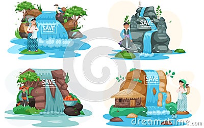 Asian man and woman dressed in national clothes standing next to waterfall in mountaine landscape Vector Illustration