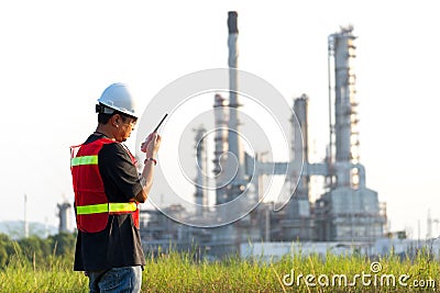 Asian man worker and engineer electrician work safety control at power plant energy industry, people work Thailand. Stock Photo