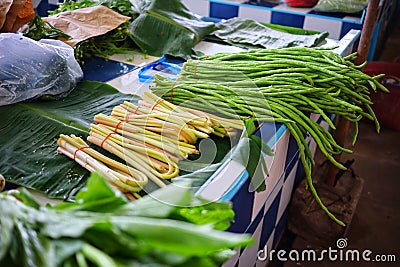 Asian markets, shops selling fresh green vegetables Stock Photo