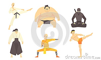 Asian Martial Arts Fighters Set, Male Professional Athletes Practicing Different Technique Kicks, Karate, Sumo, Aikido Vector Illustration