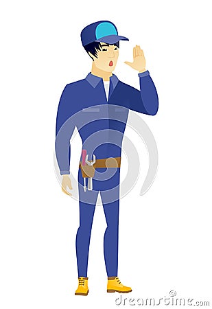 Asian mechanic calling for help. Vector Illustration