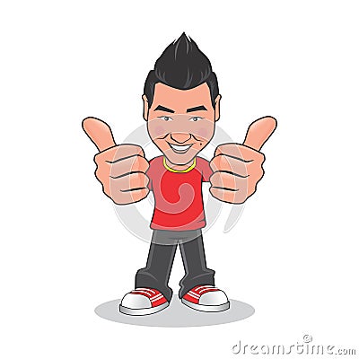Asian men gives two thumbs up cartoon Stock Photo