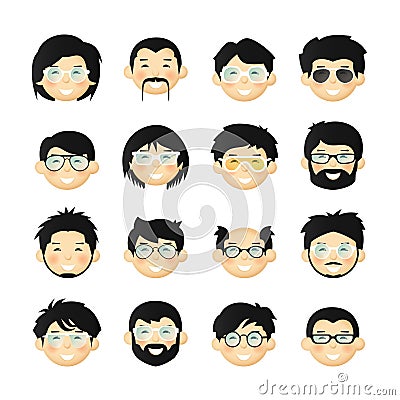 Asian men head avatar iconset with beards, mustaches, glasses and rosy cheeks Vector Illustration