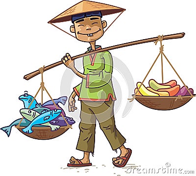 Asian Merchant with Fresh Fish and Fruits Vector Illustration