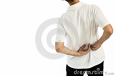 Asian middle aged man with painful in the back or bone joint of the lower spine,lumbago pain,adult male suffering from backache, Stock Photo