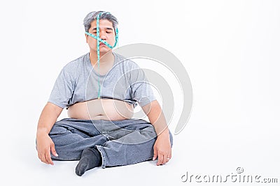 Asian middle-aged men are stressed about obesity and anxiety plus shape, Using measure the size wrap around the head Stock Photo