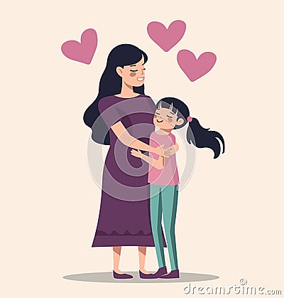 Asian mother embracing young daughter with love. Happy smiling family moment with hearts. Affectionate parent and child Vector Illustration