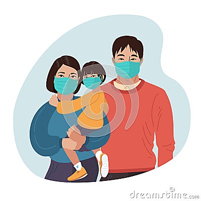 Asian Mother Father and daughter wear medical masks. Virus and disease prevention. Vector Family illustration Vector Illustration