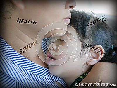 Asian mother holding her sleeping daughter, while worrying about her daughter`s health, clothes, school, and safety Stock Photo