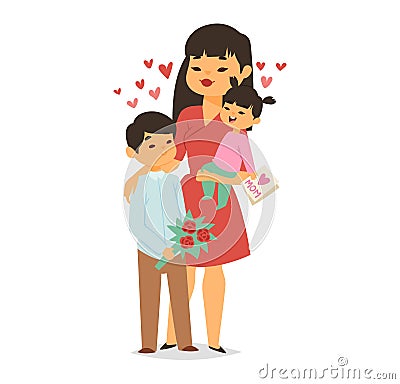 Asian mother with two children, boy giving flowers, daughter holding card with Mom . Family showing love, Mother s Day Cartoon Illustration