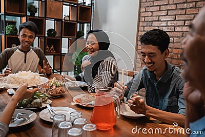 Asian muslim family dinner together. break fasting Stock Photo