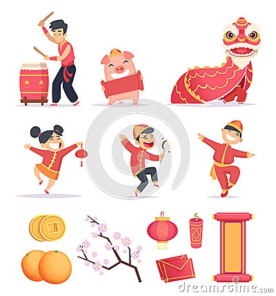 Asian new year. Happy chinese people celebrate 2019 with traditional symbols dragons lantern firecrackers vector Vector Illustration