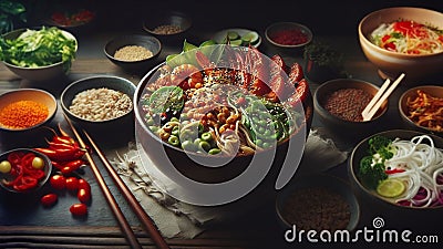Asian Noodle Bowl with Shrimp and Vegetables - AI Generated Illustration, realistic Cartoon Illustration