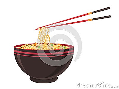 Oriental noodle food. Asian ramen tradition Chinese noodle restaurant with pasta and chopsticks. Vector illustration in cartoon fl Vector Illustration
