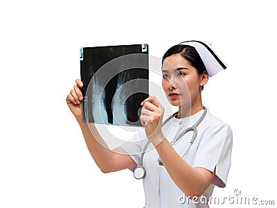 Asian Nurse check X Ray Film of human hand Stock Photo