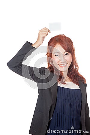 Asian office girl happy show blank card over her head Stock Photo