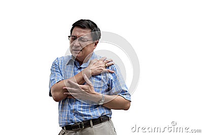 Asian old man, are had pain on his left shoulder, On white isolated background Stock Photo
