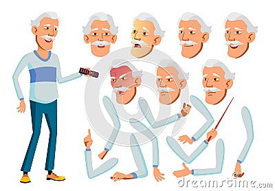 Asian Old Man Vector. Senior Person. Aged, Elderly People. Activity, Beautiful. Face Emotions, Various Gestures Vector Illustration