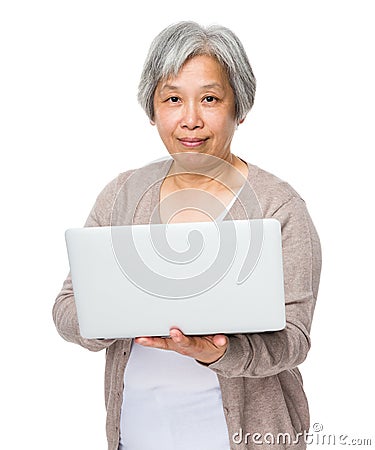 Asian old woman learn to use of laptop Stock Photo