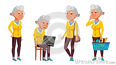 Asian Old Woman Poses Set Vector. Elderly People. Senior Person. Aged. Beautiful Retiree. Life. Presentation, Print Vector Illustration