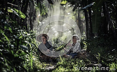 Asian old woman working in the rainforest Stock Photo