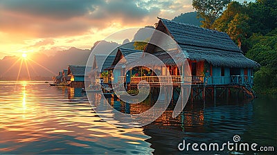 Asian Over water villas at sunset with beautiful mountains at the background and reflection in water Stock Photo